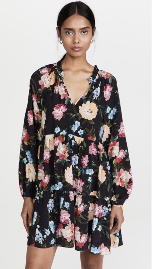 Yumi Kim Vicky Long Sleeve Black Floral Print Flare Mini Dress Size Large NWT