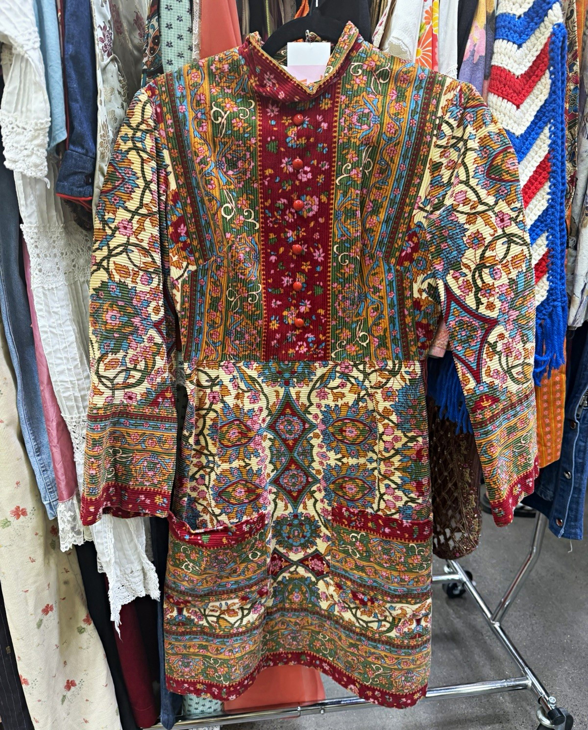 Vintage Women’s Multicolor Floral Overall Dress S/M Knee Length High Neck