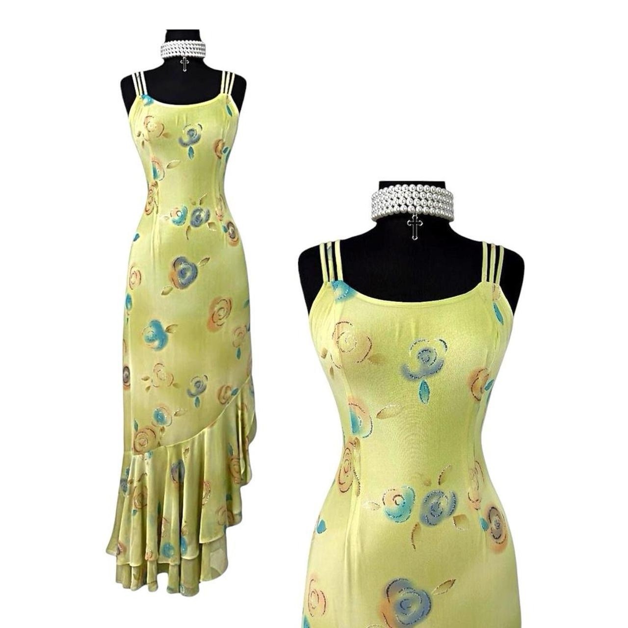 Vintage Y2K Green Floral Maxi Dress Glitter Ruffle Asym Hem Fairycore Gown M