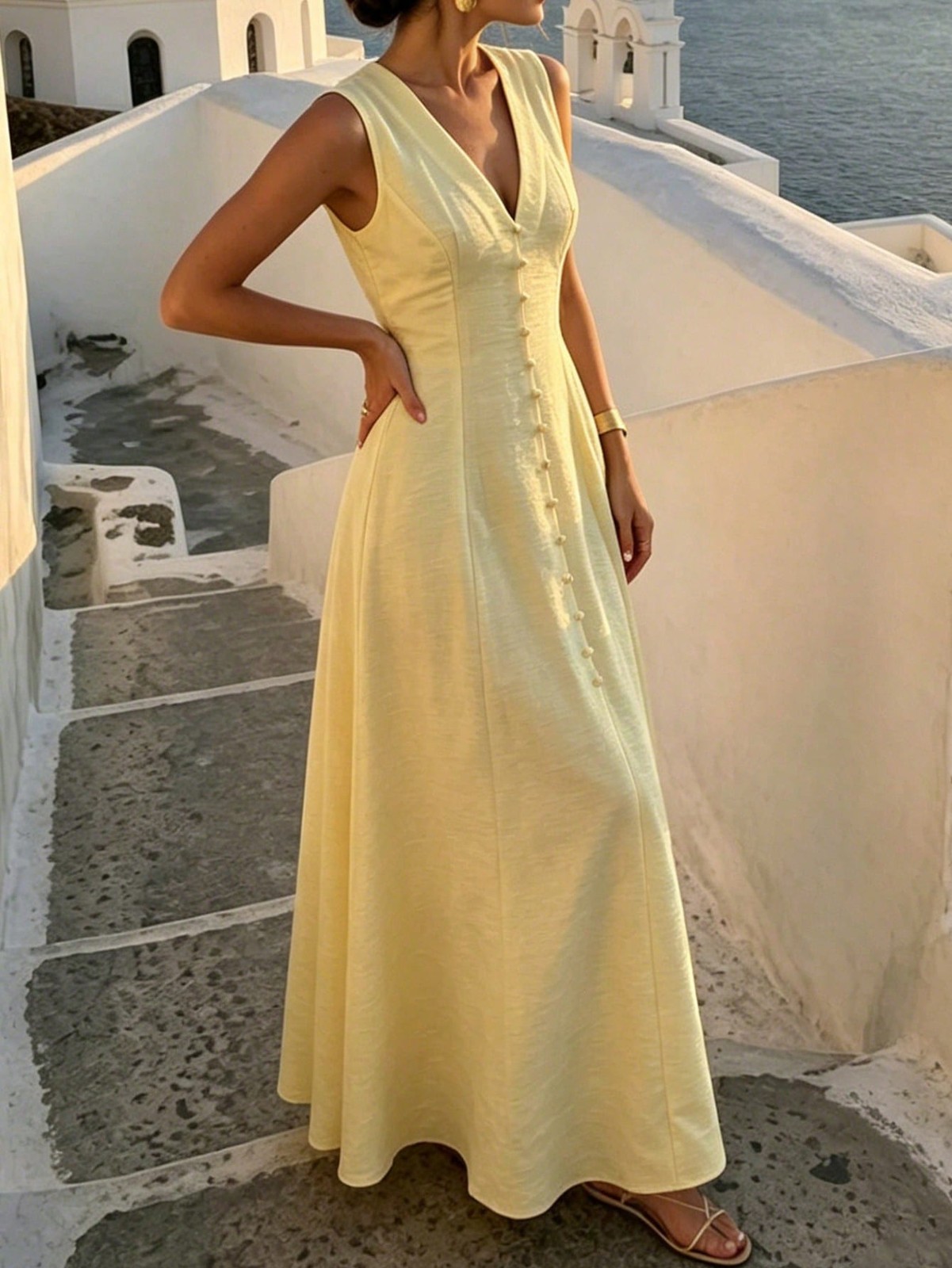 Elegant Ladies Pale Yellow V Neck Maxi Dress
