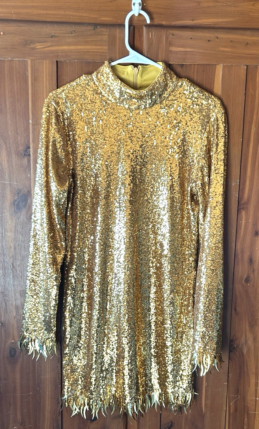 Novaluxe Women’s Gold Sequin Longsleeved Dress w Fringe Hem & Sleeves SZ Large