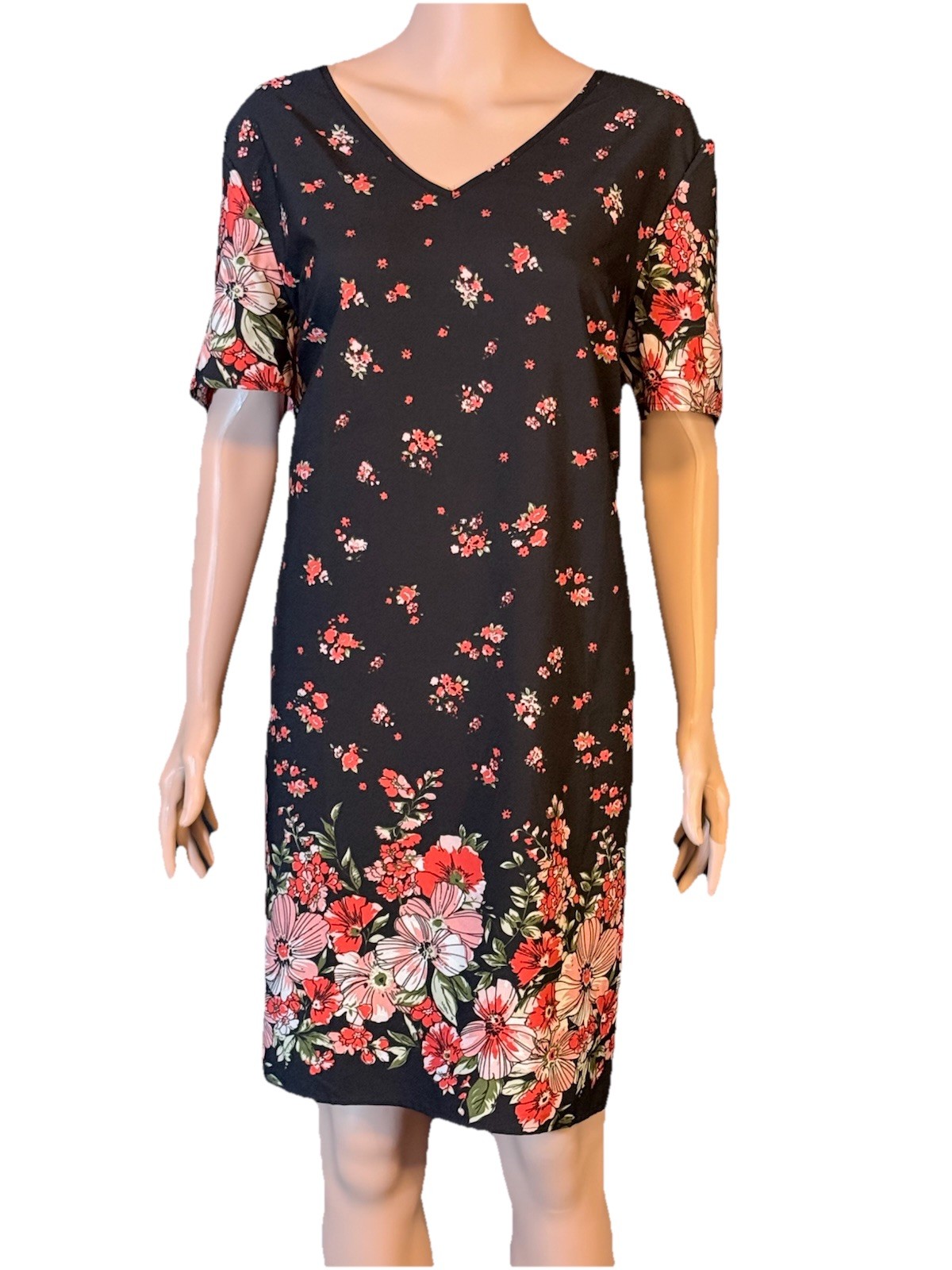Casual Black Short-Sleeve V-Neck Dress Red White Pink Green Floral Print Sz 2XL
