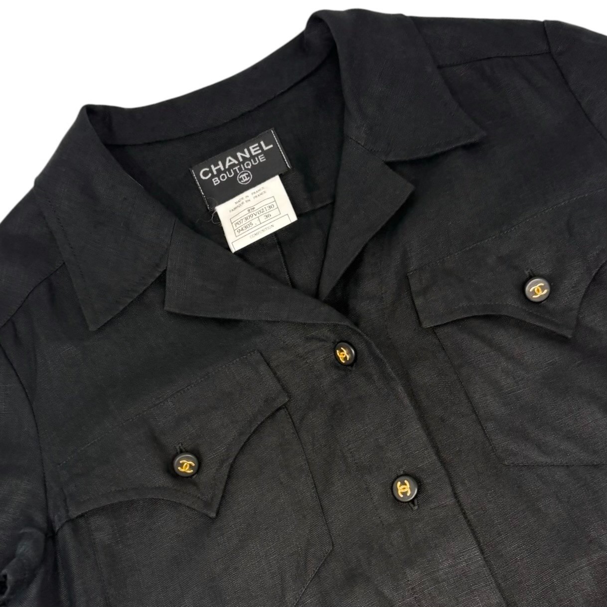 CHANEL Vintage 97P CC Logo Button Linen Shirt Dress One-piece #36 Black 902560