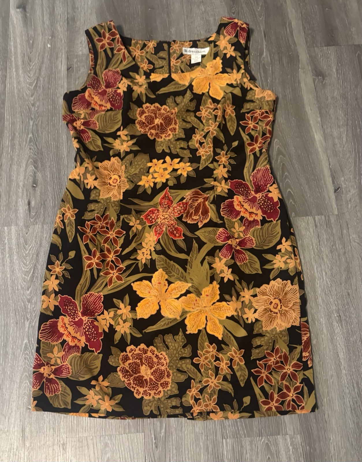 Dressbarn Womens Black Multicolor Floral Sheath Dress Square Neck 14 Polyester