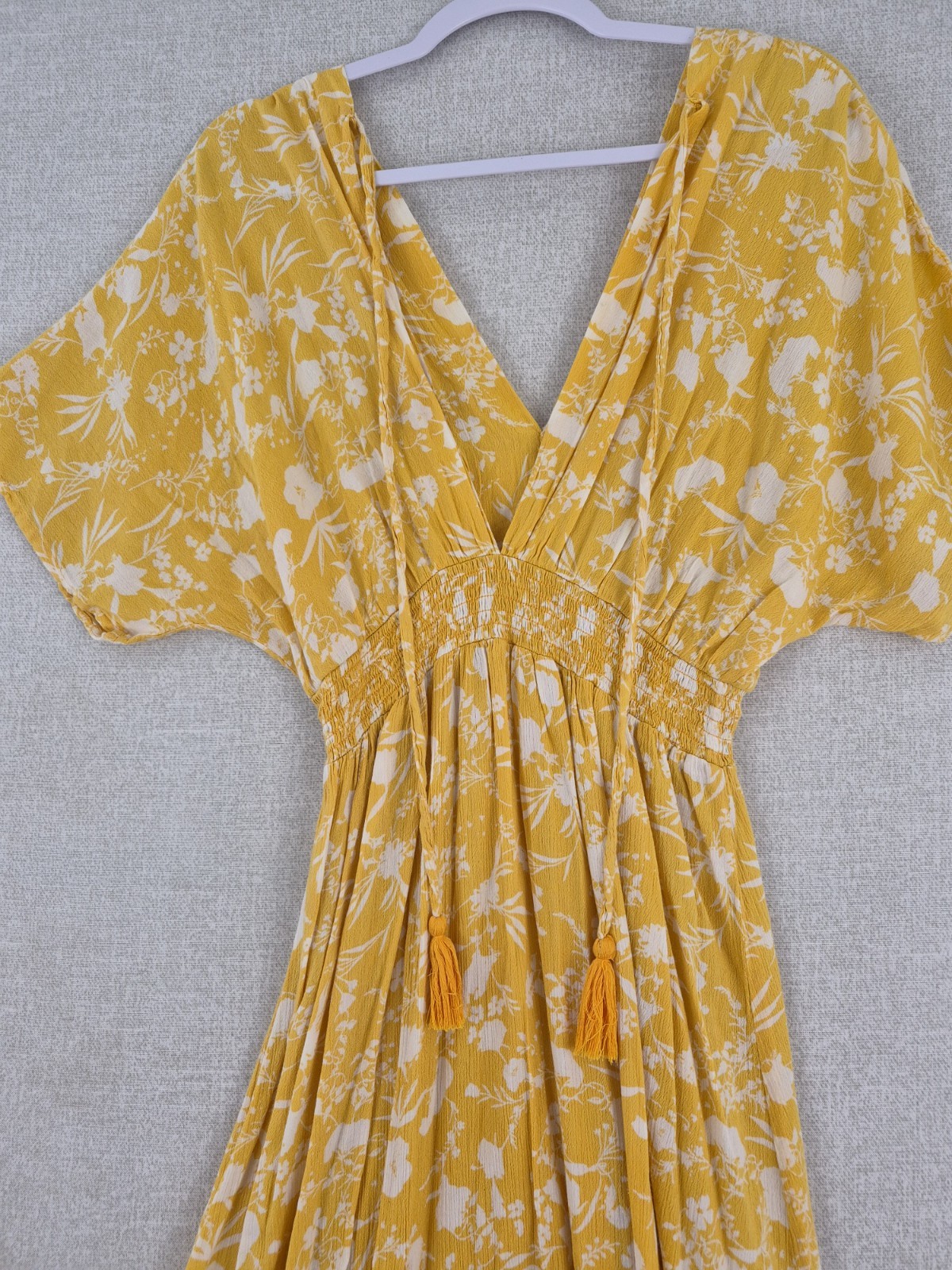 Yellow White Floral V-Neck Smocked Hi-Low Ruffle A-Line Dress M RN 137360