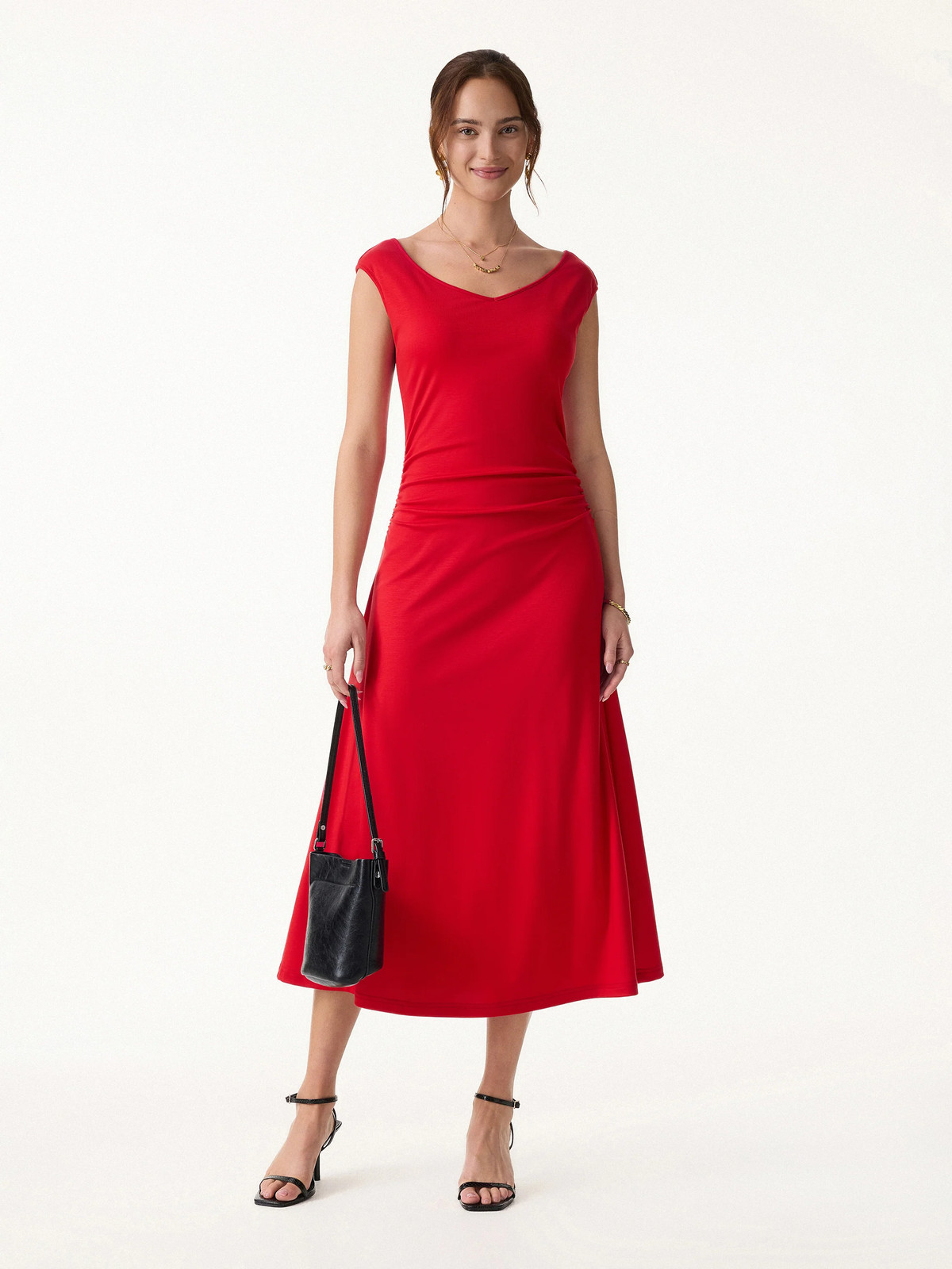 Cooling Lyocell V-Neck Ruched Midi Bra Dress