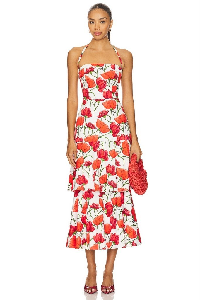 MILLY $475 Women’s 10 Open Cross Back Red Peonia Poplin tiered Midi Dress