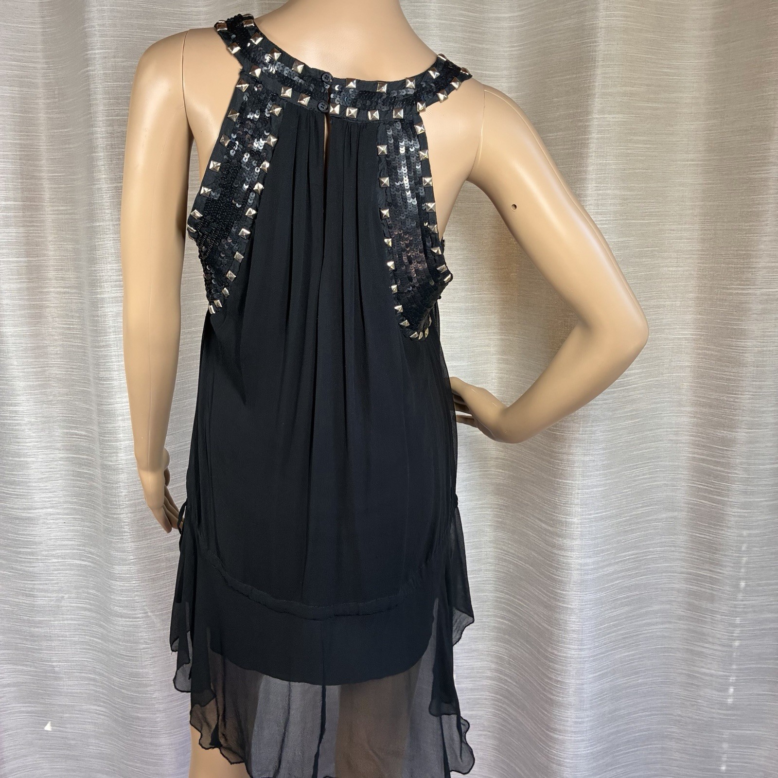 Hannah Jo Silk Mini Dress Size M Black Studded Sequin Embellished Keyhole Grunge