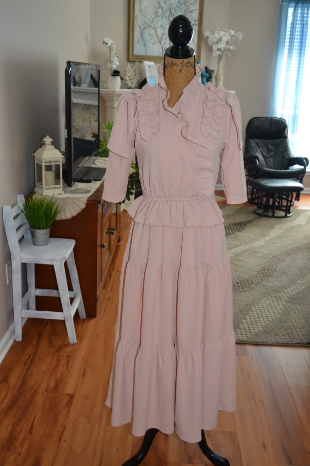 Ladida Powder Pink short sleeve Ruffle Embroidered Tiered Romantic Midi Dress S