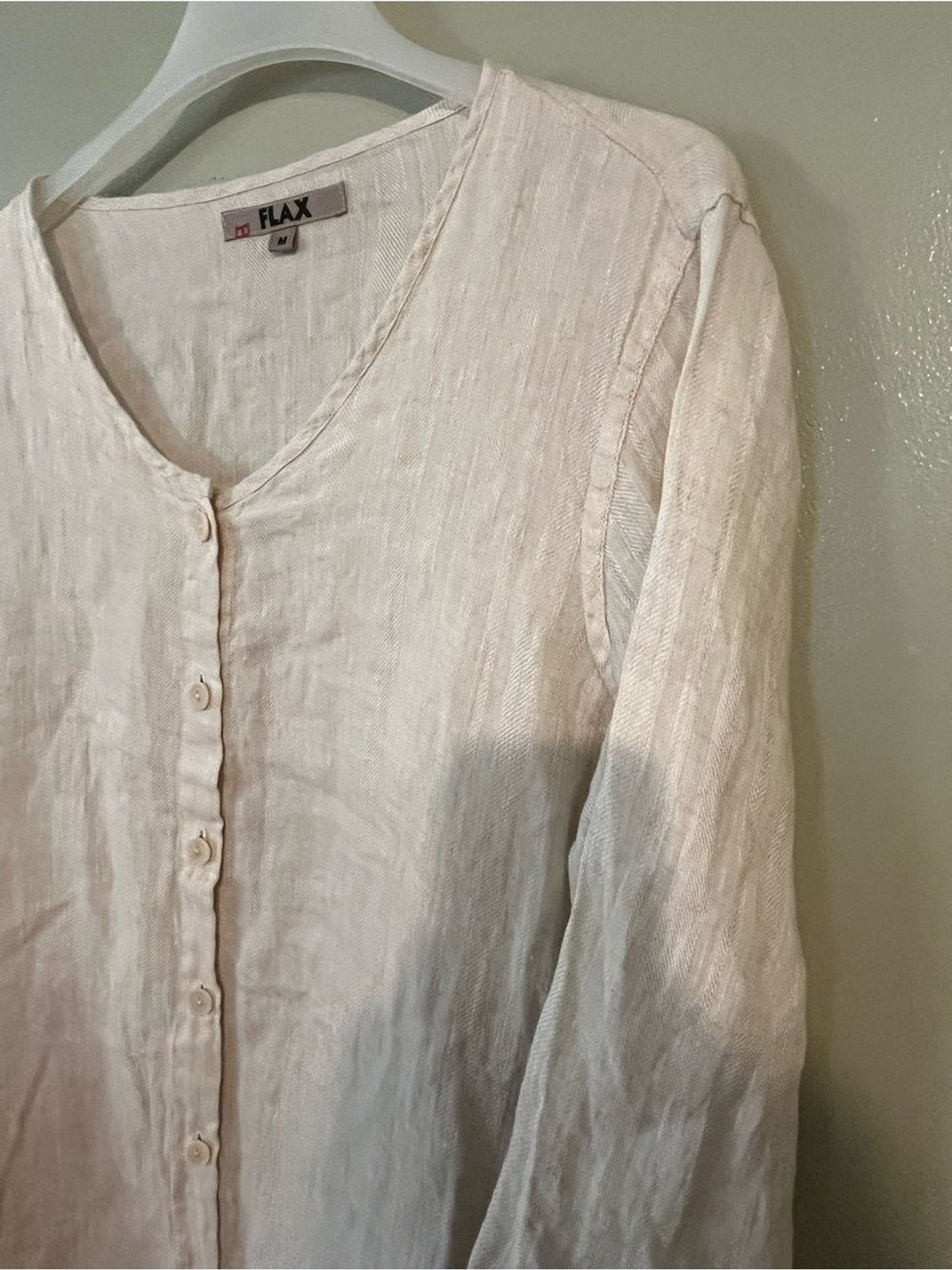Flax Linen Button-Front Long Roll Top Sleeves Dress Coastal Beige Oversized M