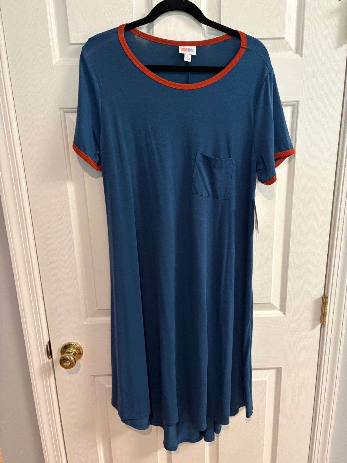 LuLaRoe NWT Carly dress Large (12-14); bluish-gray w/ red/orange trim