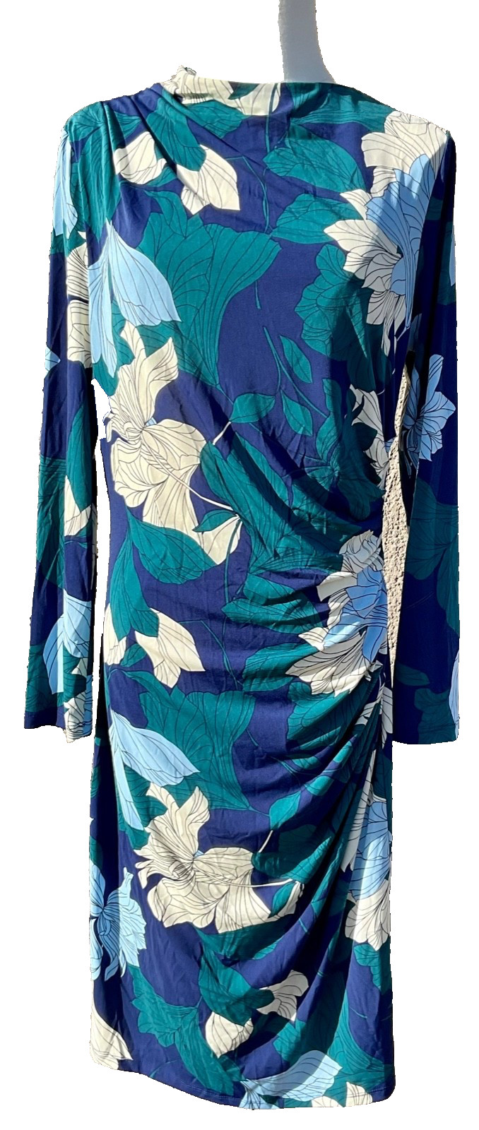 Maggy London Women’s Dress Long Sleeve Side Neck Drape Midi side ruching 12 blue