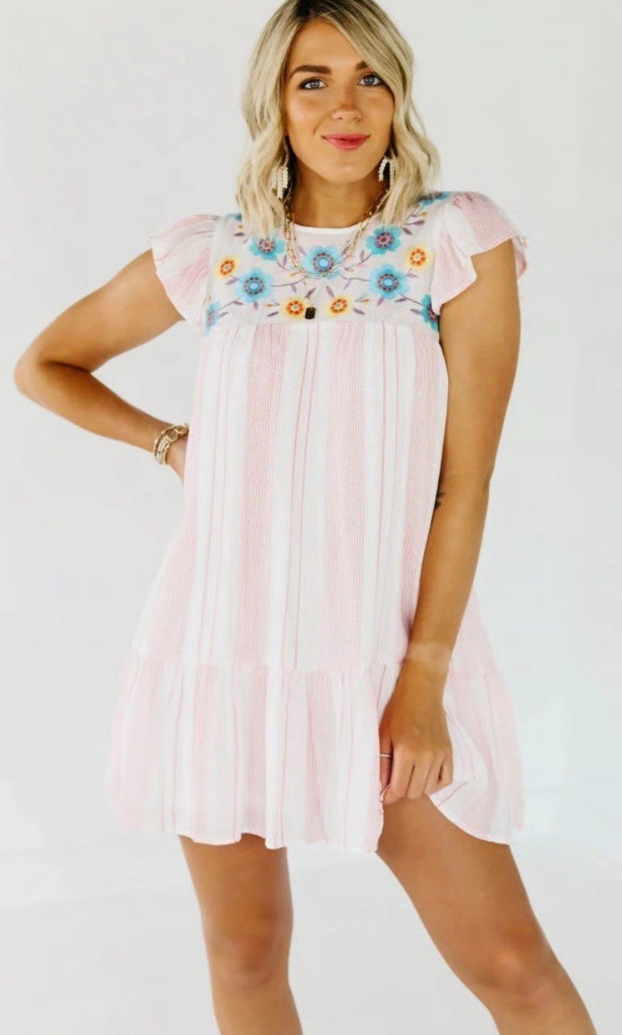 Perch By Blu Pepper for Anthropologie Embroidered Flower Stripe Ruffle Dress S