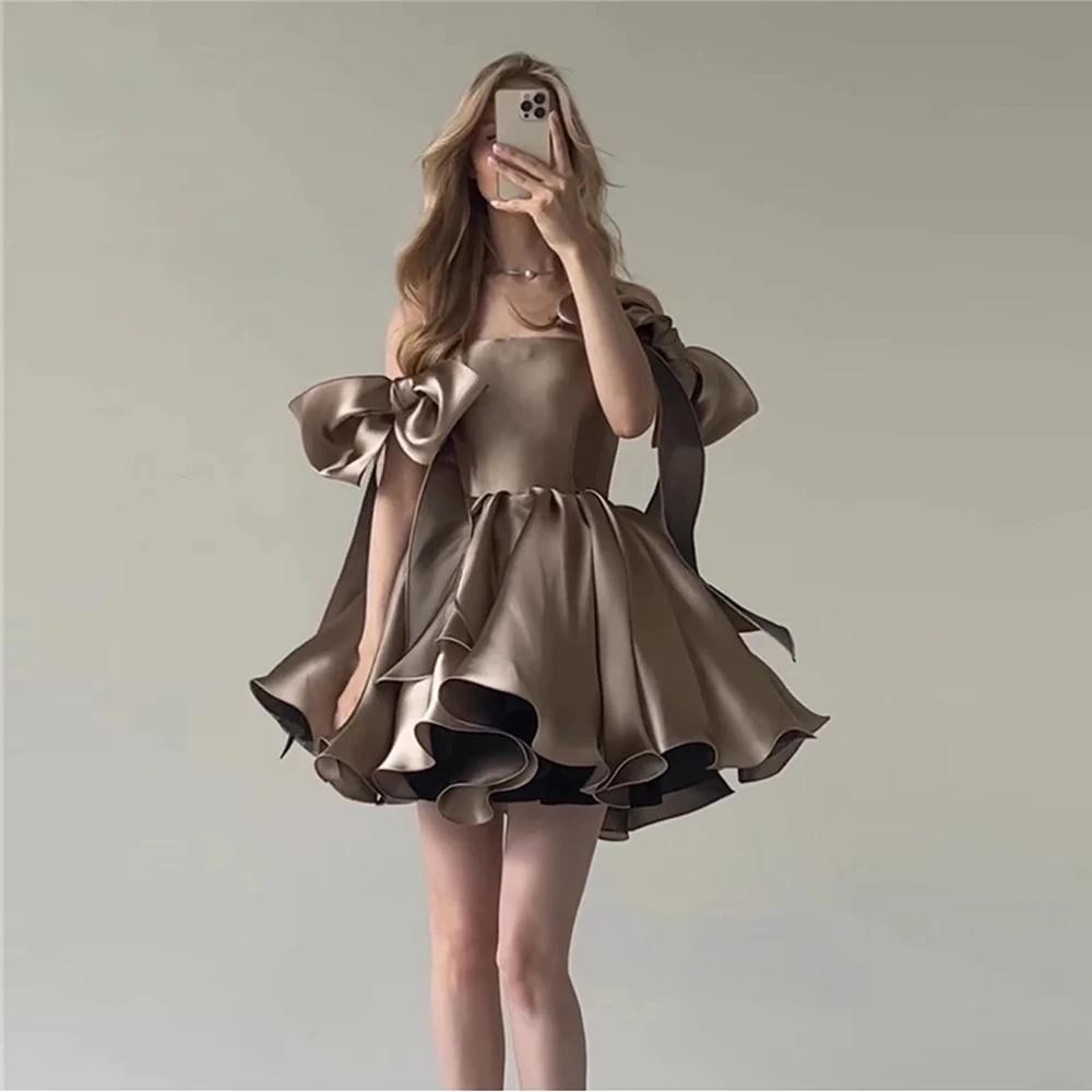 Satin Off Shoulder Mini Dress Corset Big Side Bow Ruffle Homecoming Party Gown