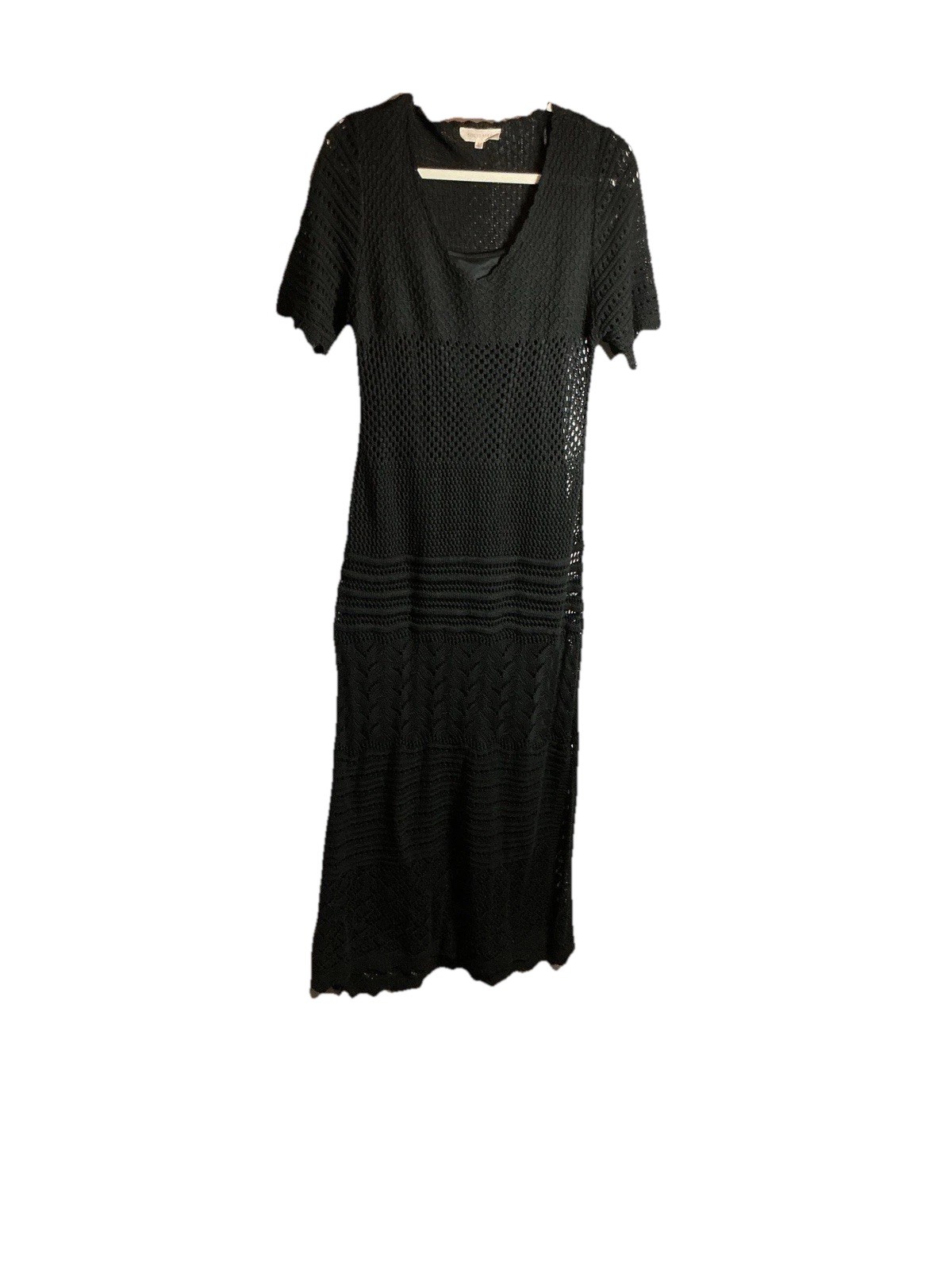 Solitaire Black Crochet Maxi Dress Lined V-Neck Short Sleeve Acrylic Polyester L