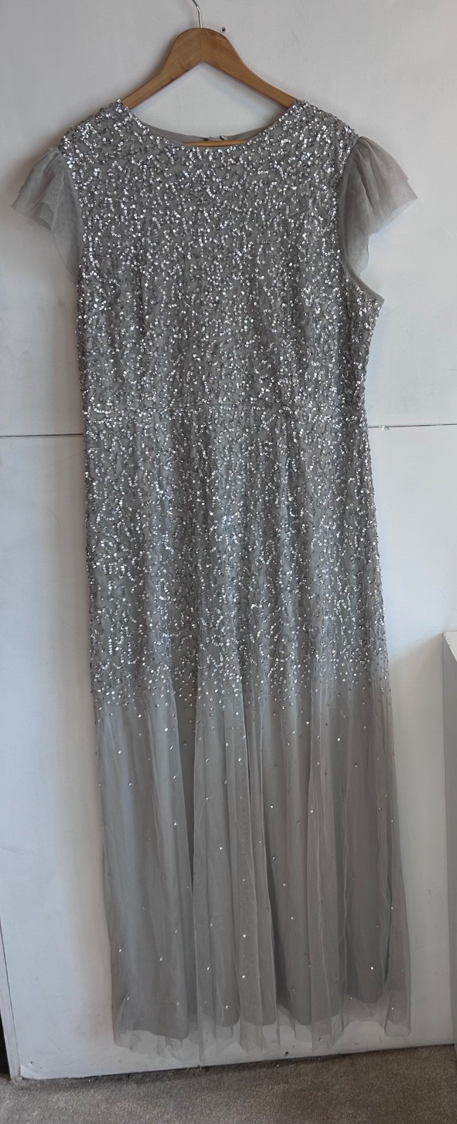 Coast Silver Tulle & Sequin Maxi Dress Womens Cap Sleeves long UK Size 22