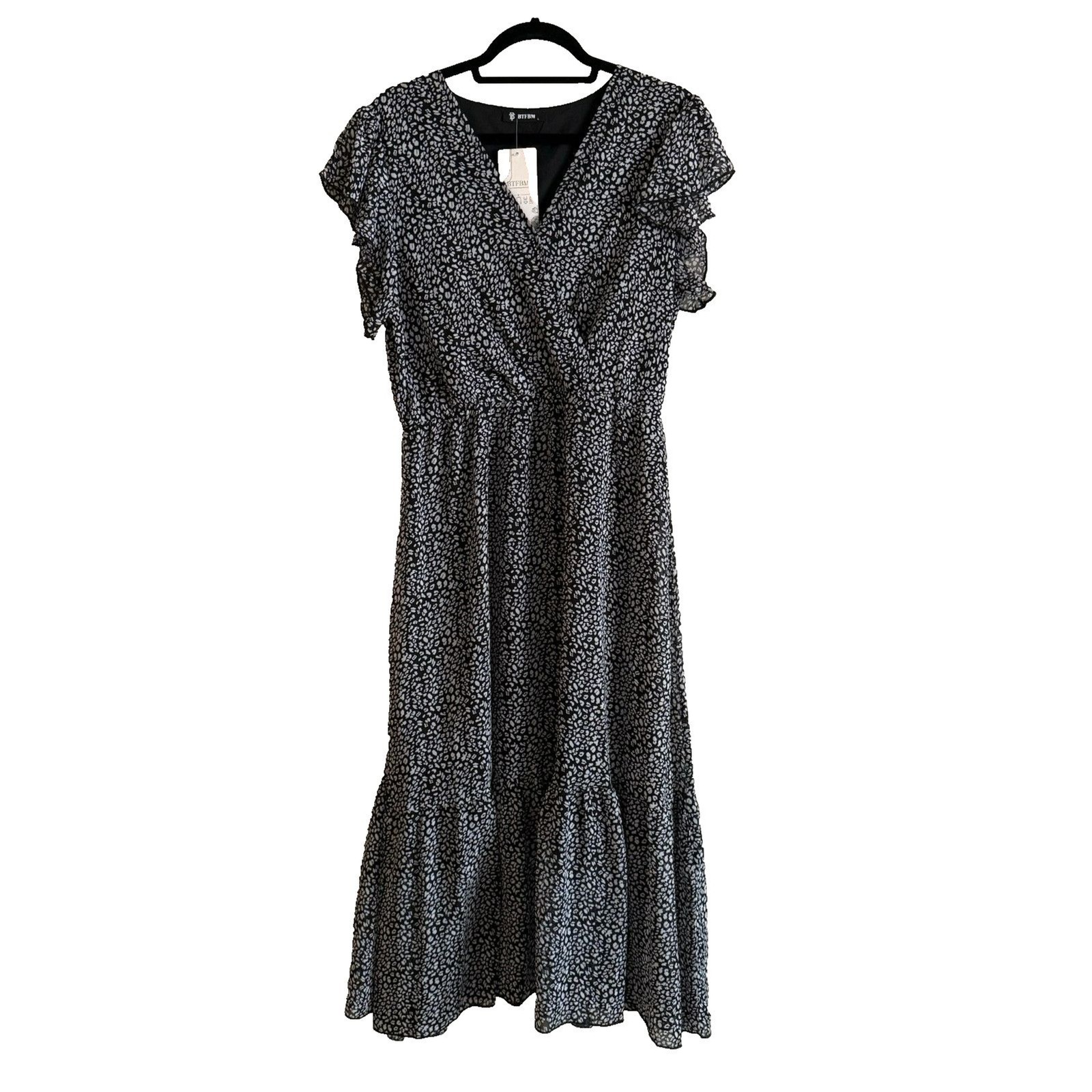 Faux Wrap Dress Black & White Large Print Midi Length Ruffle Boho Vneck NWT