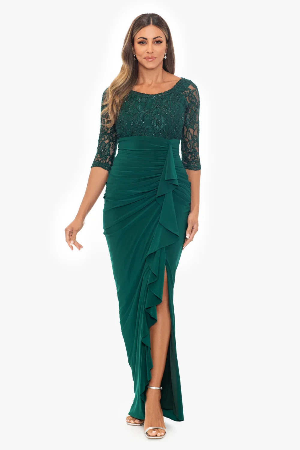 Betsy & Adam Pine Green Irina 3/4 Lace Sleeve Sequin Jersey Gown Size 12 $199