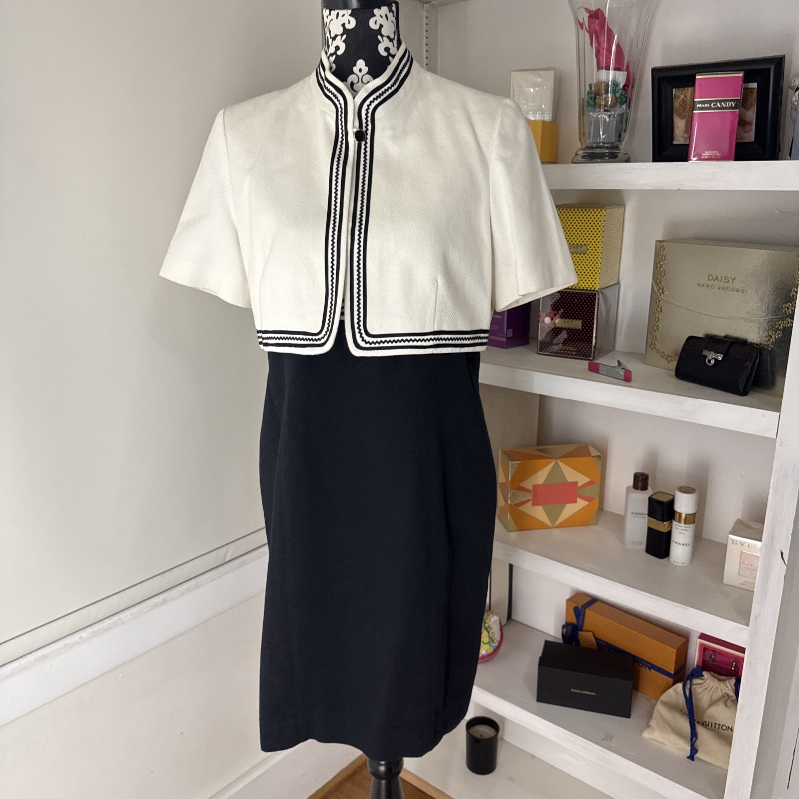 Vintage Liz Claiborne, Black And White Ric Rack Dress W Bolero Jacket 14 Petite