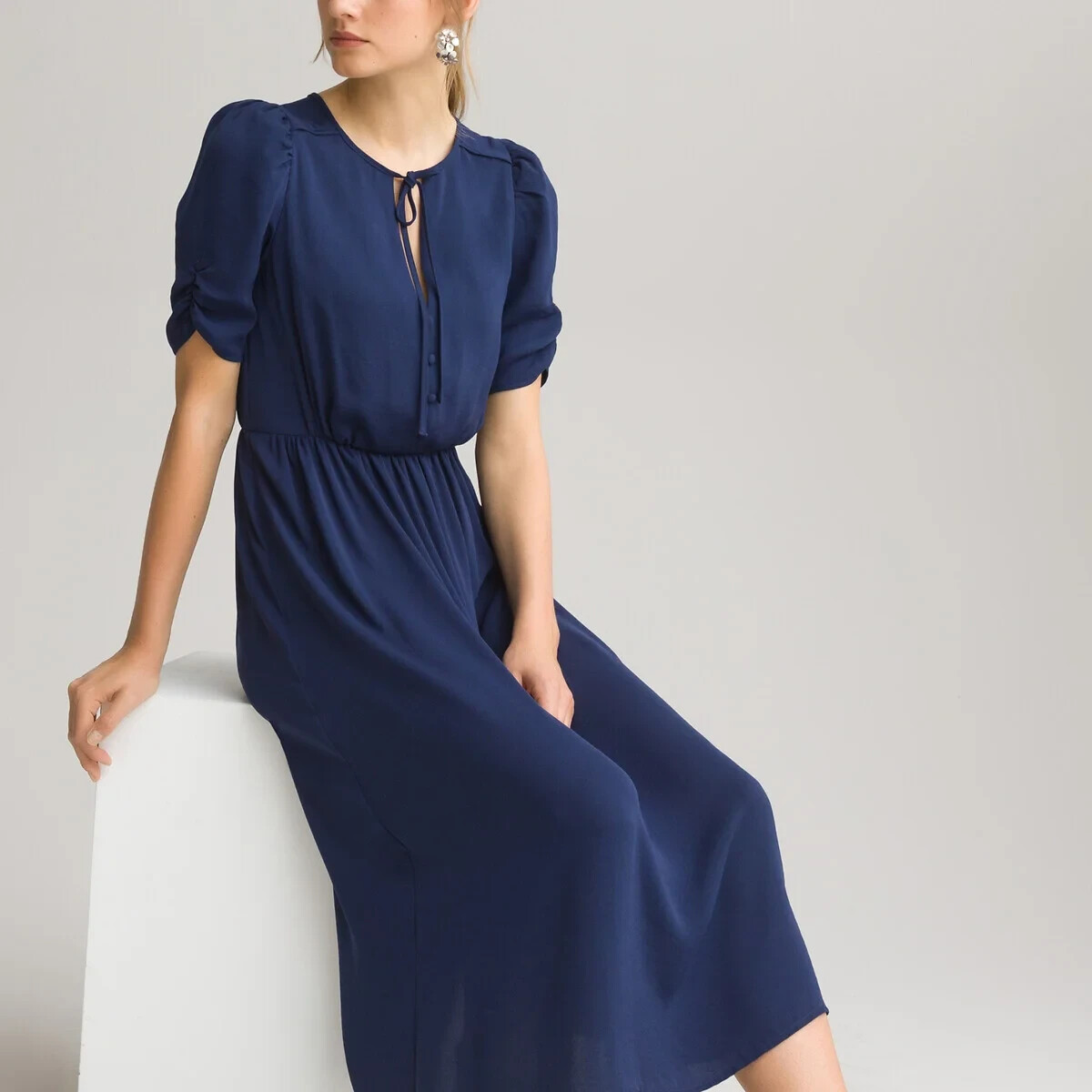 La Redoute Navy V-Neck Midi Dress Size 12 Short Puff Sleeves Draping RRP £52
