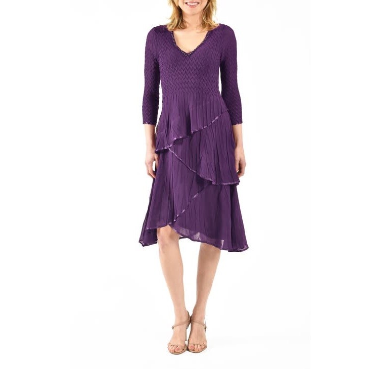 KOMAROV Tiered Charmeuse & Chiffon V-Neck Ruffled 3/4 Sleeve Cocktail Dress, S