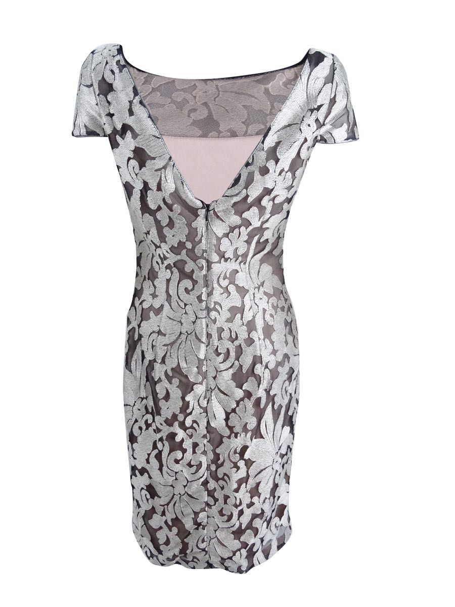 Calvin Klein Women’s Embroidered Mesh Sheath Dress (4, Silver/Black)
