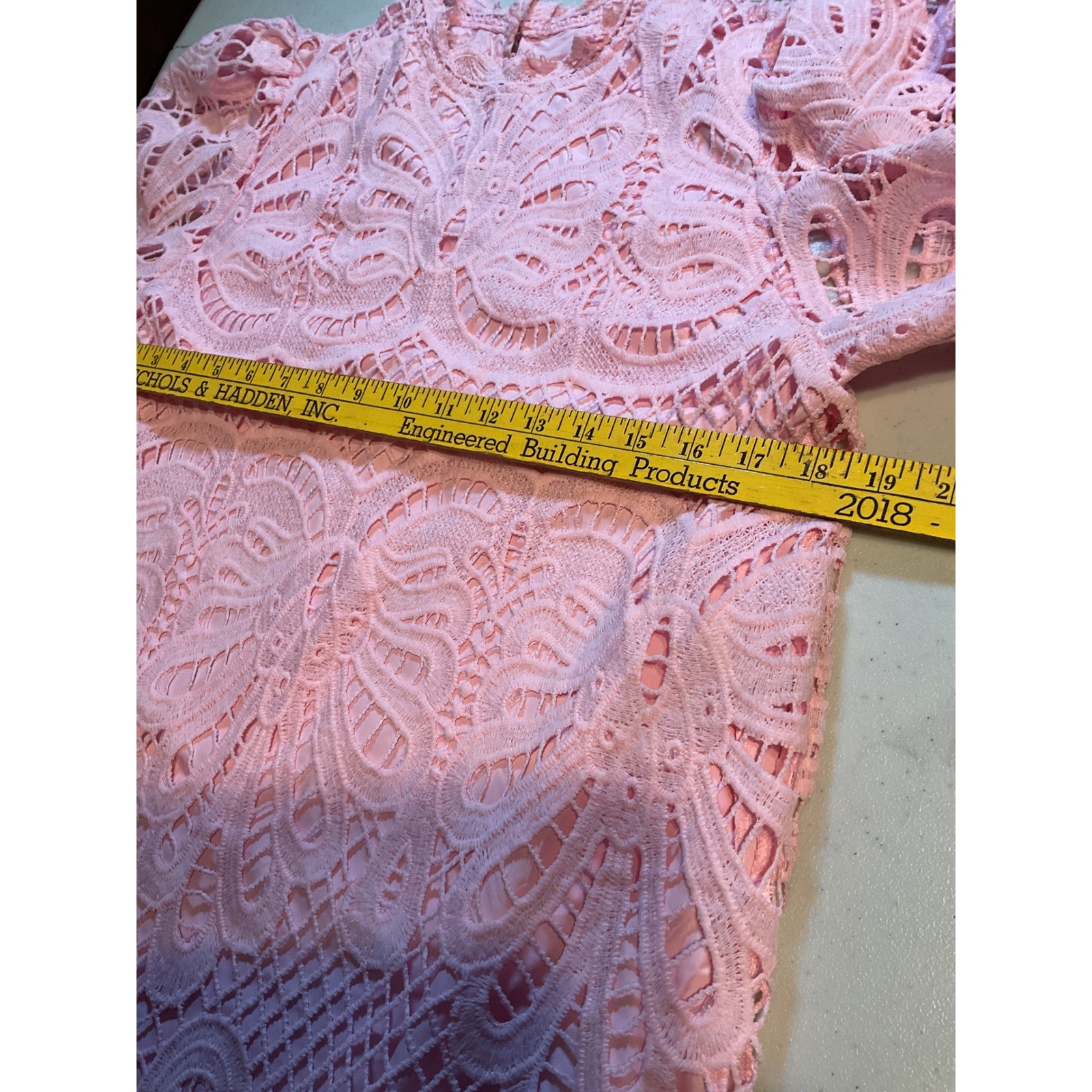 SHEIN Pink Butterfly Guipure Lace Mock Neck Puff Sleeve Shift Dress Large 8/10