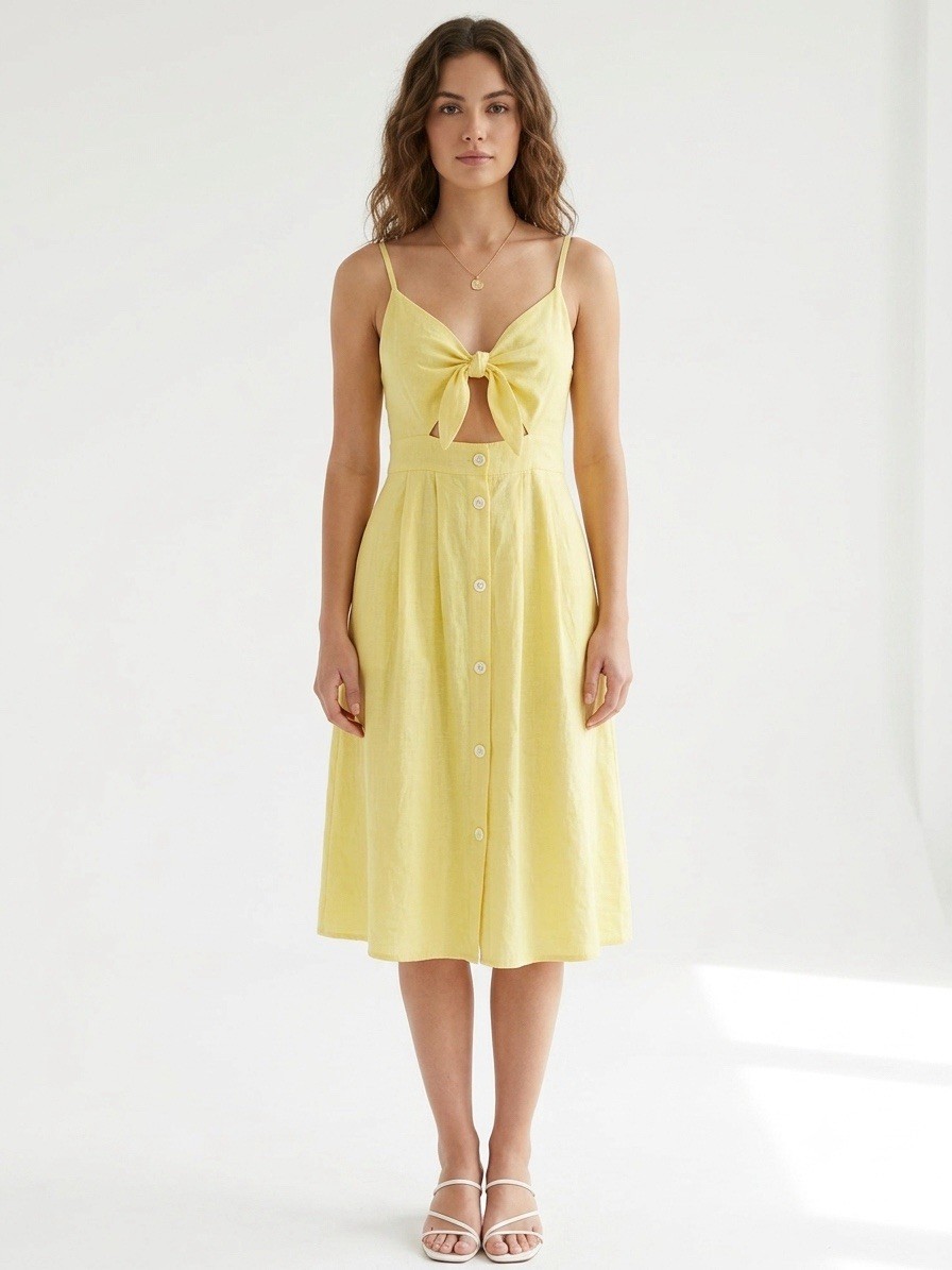 Yellow Button-Down Midi Dress Women’s Size M Spaghetti Strap Summer Casual Chic