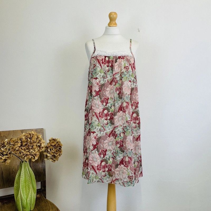 Red Pink White Green Blue Floral Print Thin Strap Flared Trapeze Slip Dress 18