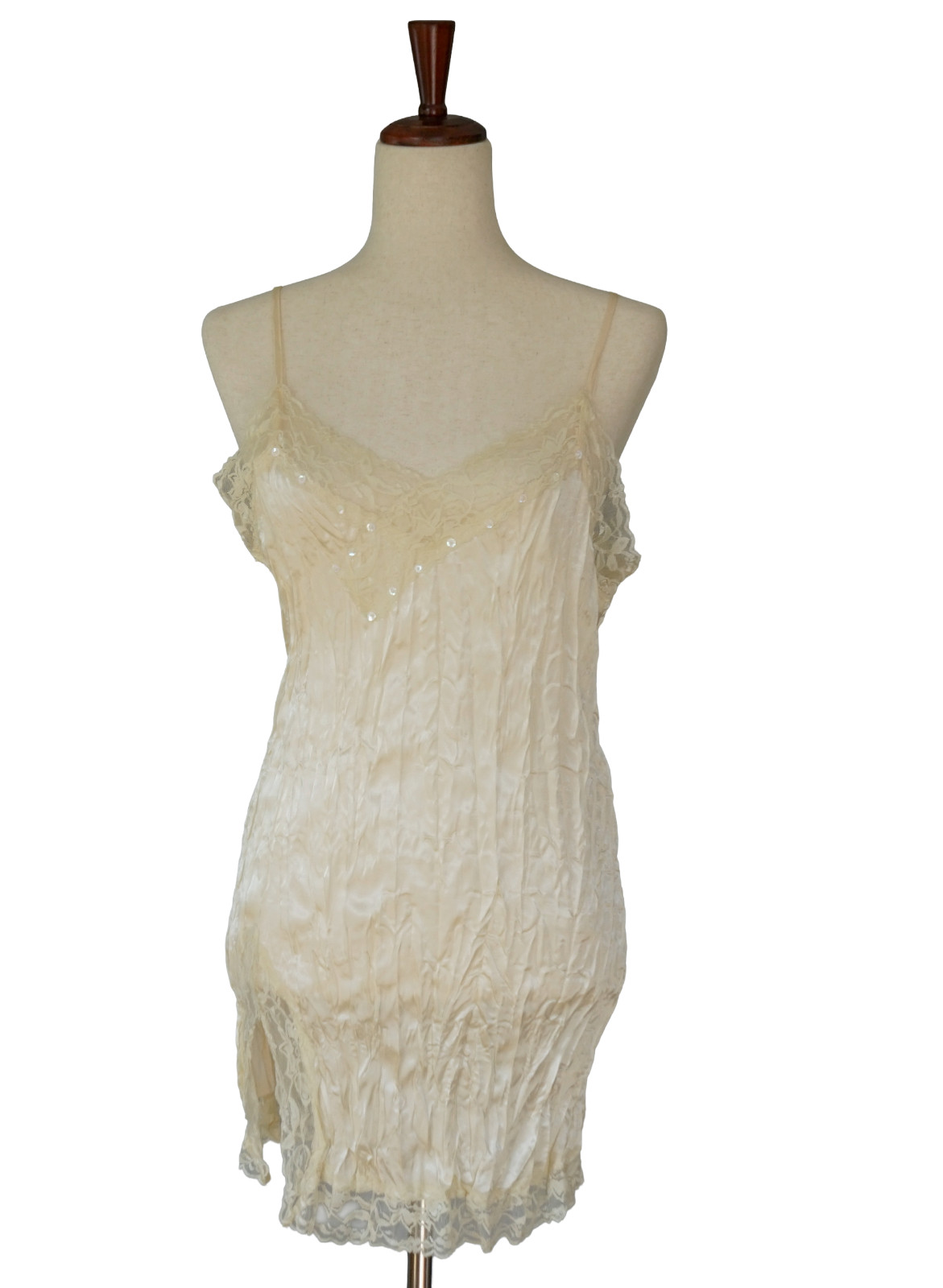 VTG 90s One Step Up Lace Slip Crinkle Dress Cami Top L Whimsigoth Fairy Coquette