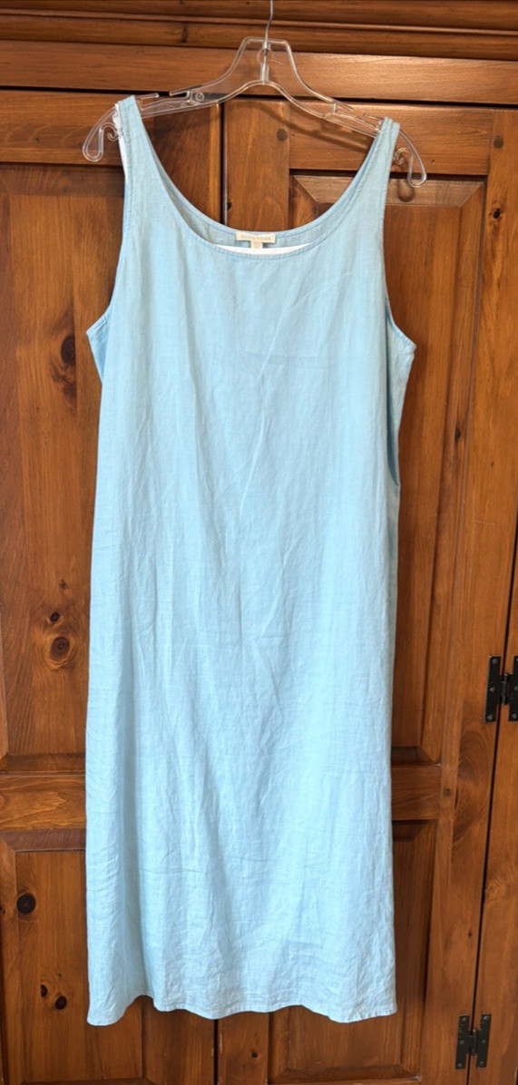 Eileen Fisher Mint Blue Linen Dress With White Cotton Slip Lining -Large