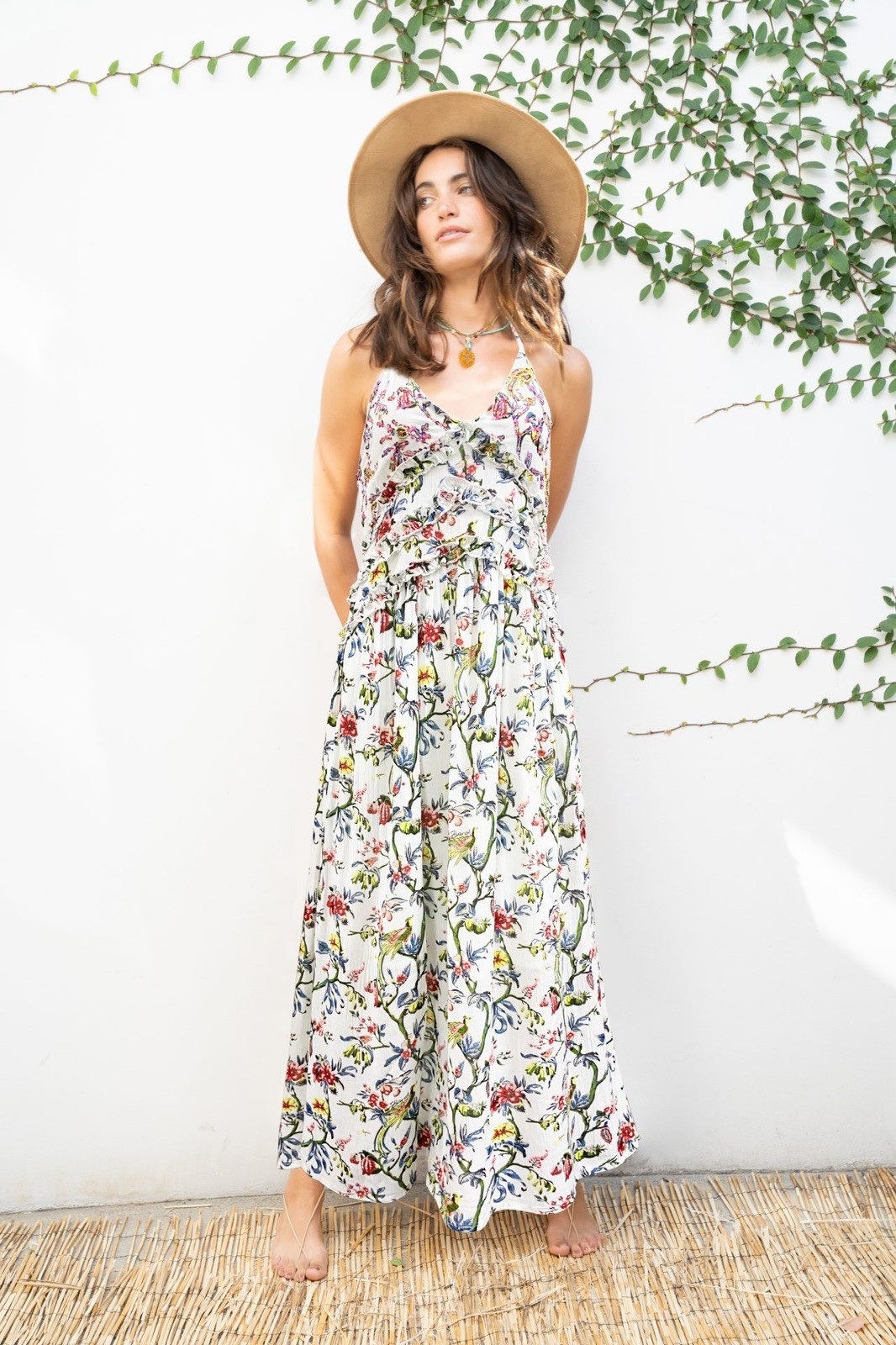 NJ Couture BAROK White Floral Beaded Sequin Halter Maxi Dress, size s (UK8/10)