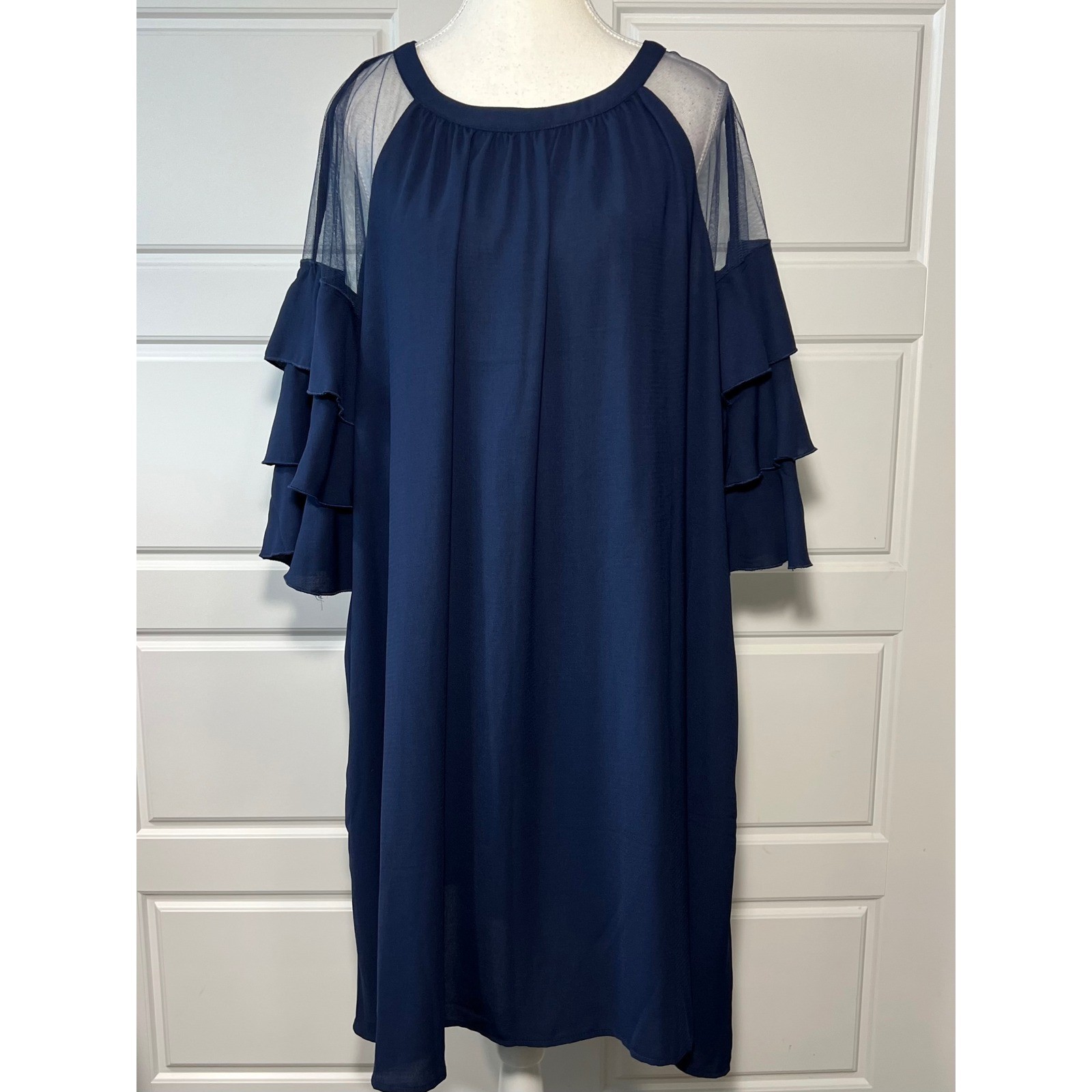 Suzanne Betro Navy Blue Mesh Ruffle Sleeve Sheath Dress Plus Size 1X