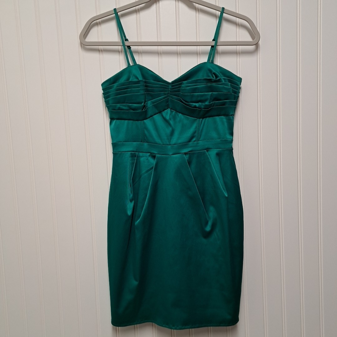 H&M Strapless Mini Dress Womens 6 Green Satin Stretch Cami HOCO Cocktail Y2K