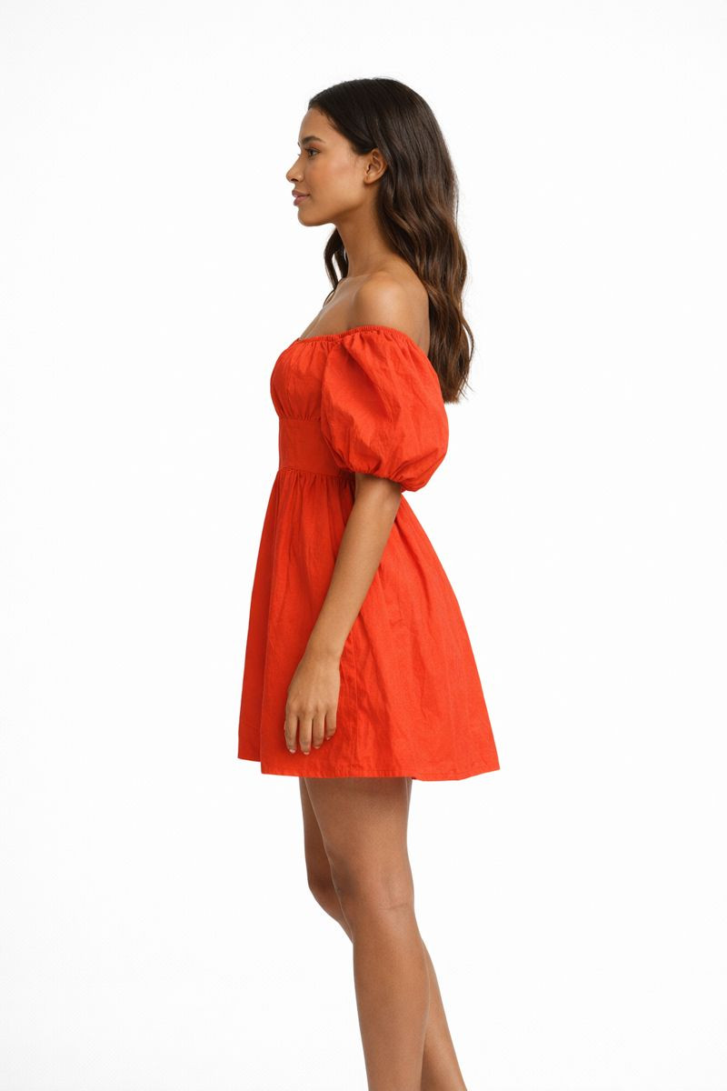 Women’s Off Shoulder Puff Sleeve Mini Dress, Red, Size Medium