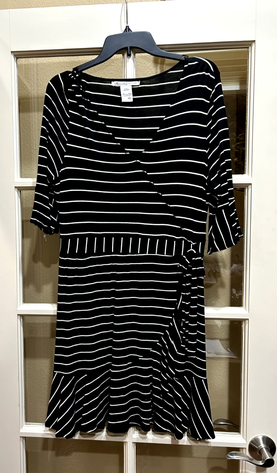 American Rag Cie XL black striped dress 3/4 sleeve stretchy bow at waist