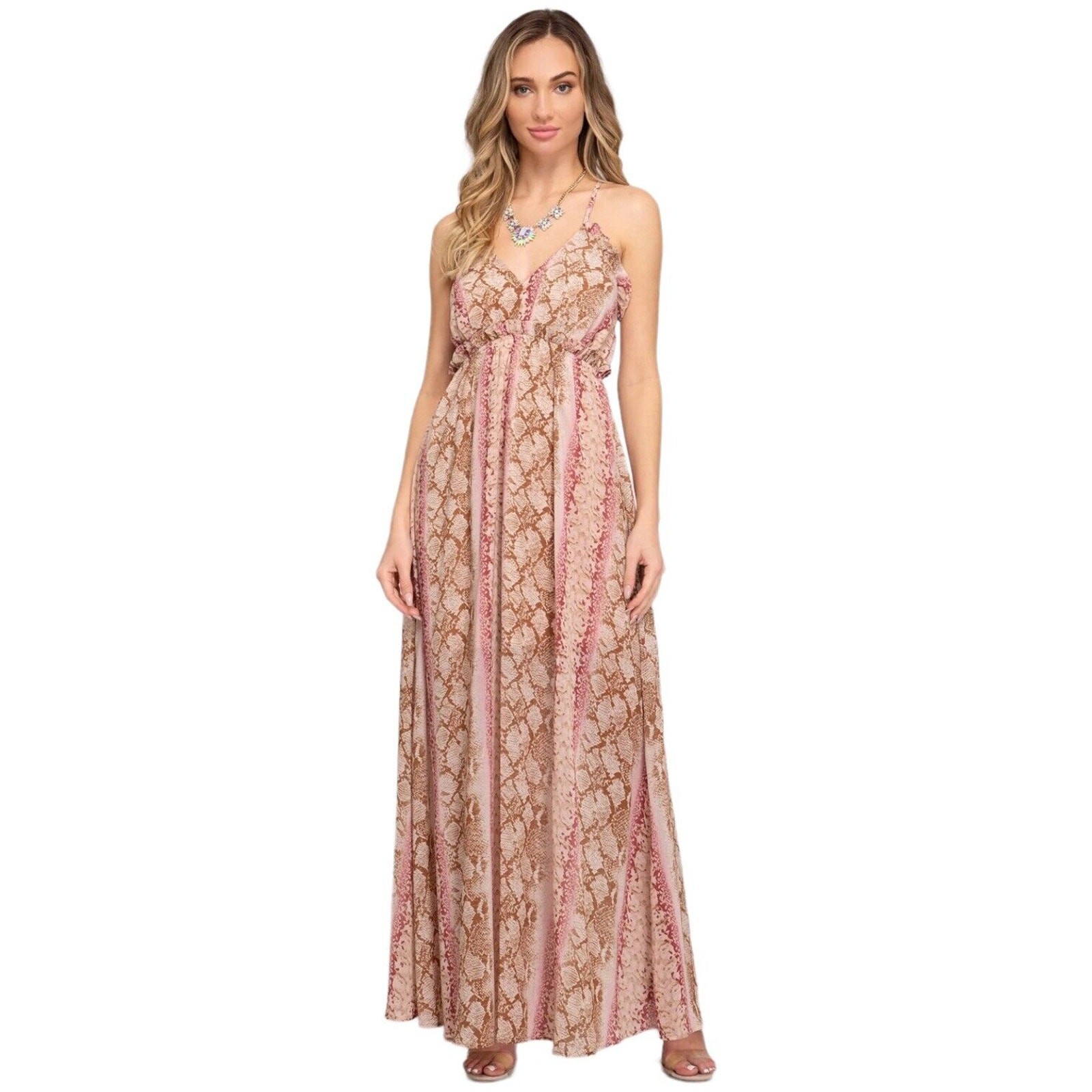 She Sky Maxi Dress Womens Medium Pink Snake Sheer Fairycore Whimsigoth Boho