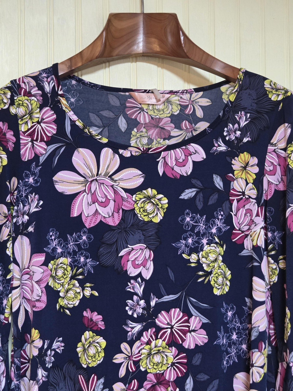 SJS Dress Womens Medium Navy Blue Floral Ruffle Bell Sleeve 3/4 Tunic A-Line