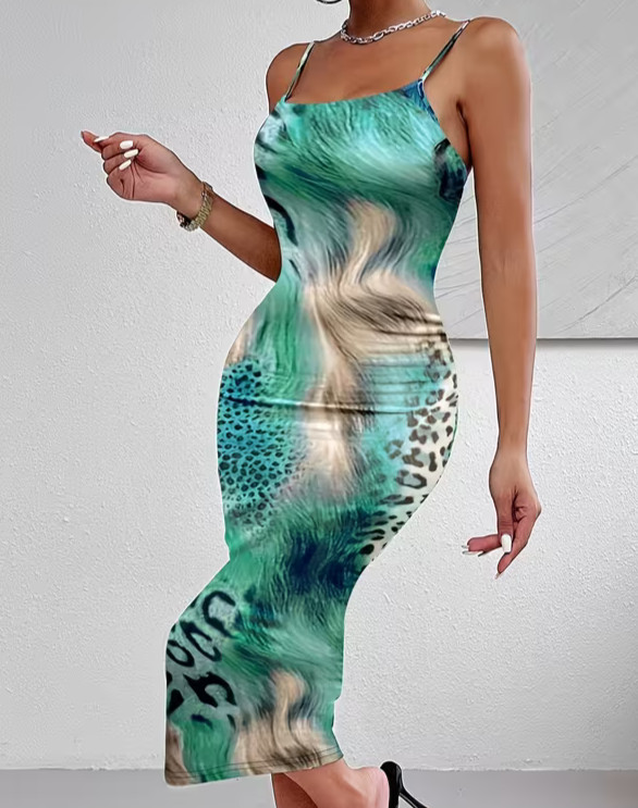 NEW Large. Sexy Intoxicating Abstract Leopard Aqua Green Camisole Midi Dress.