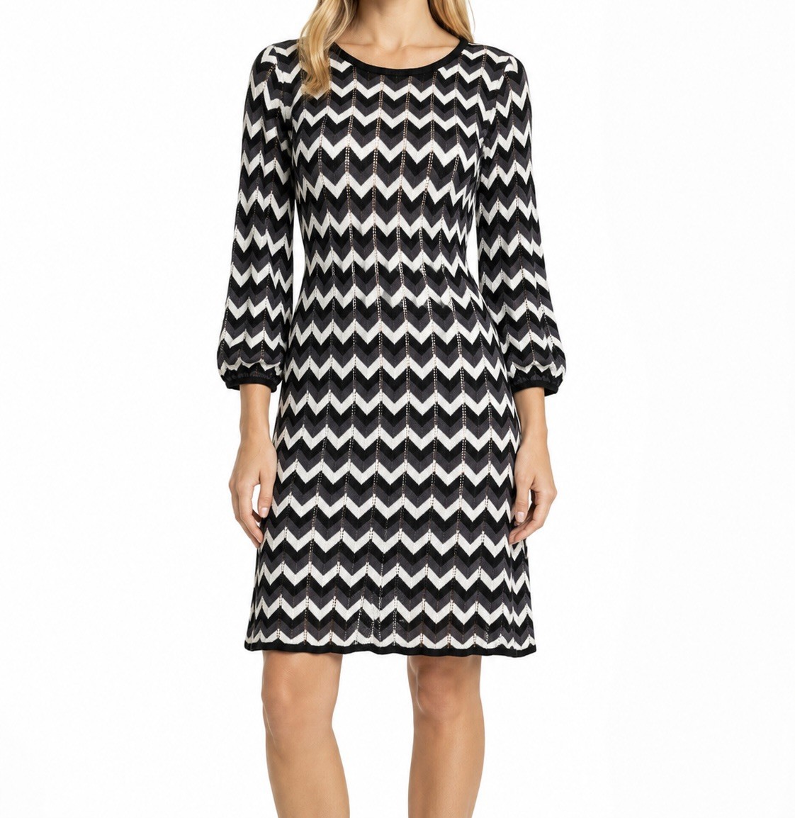 Alice + Olivia Chevron Open Knit Sweater Dress Black White Wool Blend Size XS