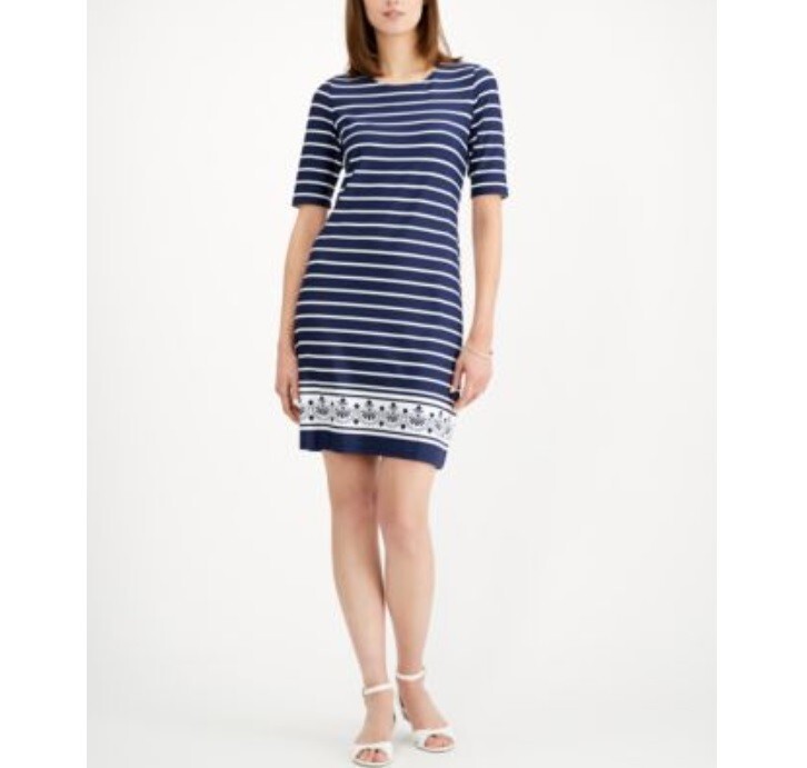Karen Scott Womens Small Intrepid Blue Combo Striped Elbow Sleeve Dress NWT BH36
