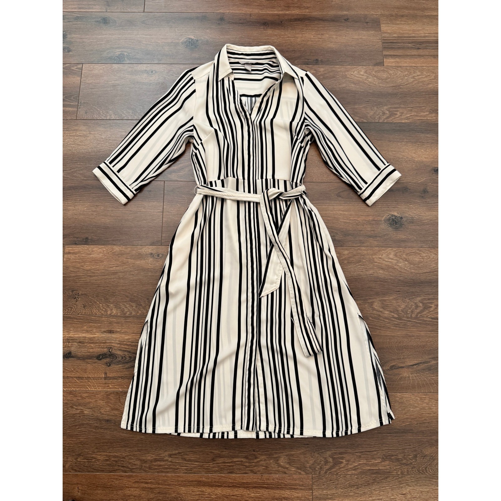 H&M Black White Striped Shirt Dress Midi Belted 3/4 Sleeve XS