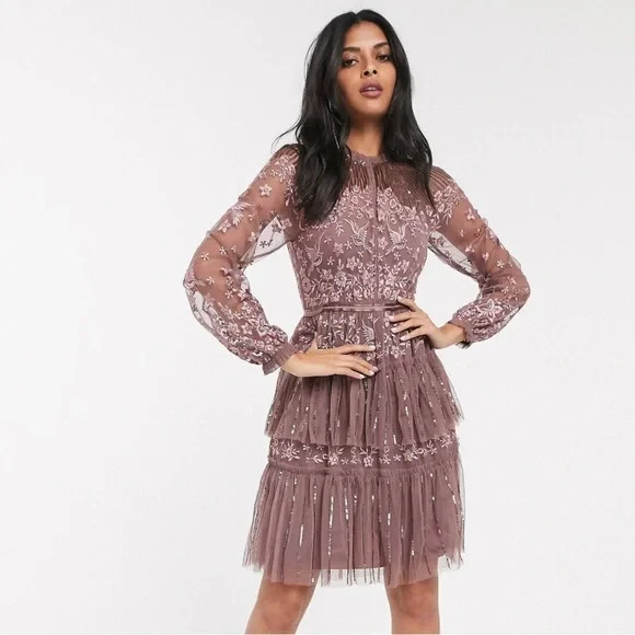 Needle and Thread Sequin Embroidered Tiered Dress sheer long sleeves 0 READ
