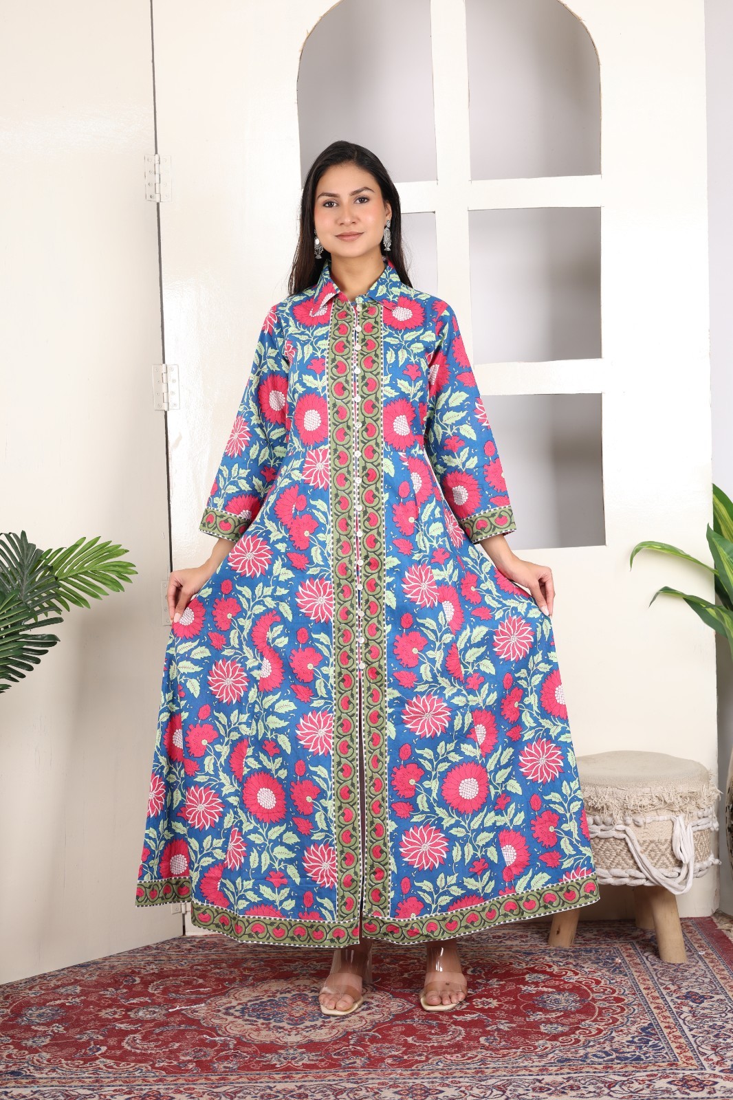 Hand Block Printed Cotton Dress, Floral Print Women Long Dress, Summer Dresses