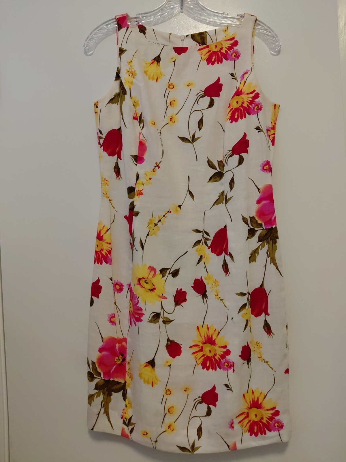 Jones New York 100% Linen Floral Shift Dress Sleeveless White Pink Yellow 4