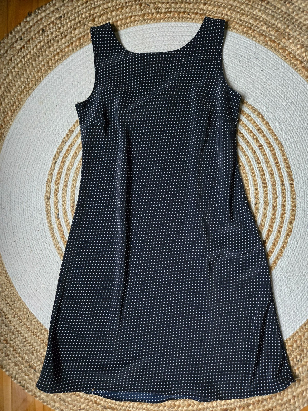 Jessica Sleeveless Navy Polka Dot Mini Dress Fit and Flare Timeless Minimalist
