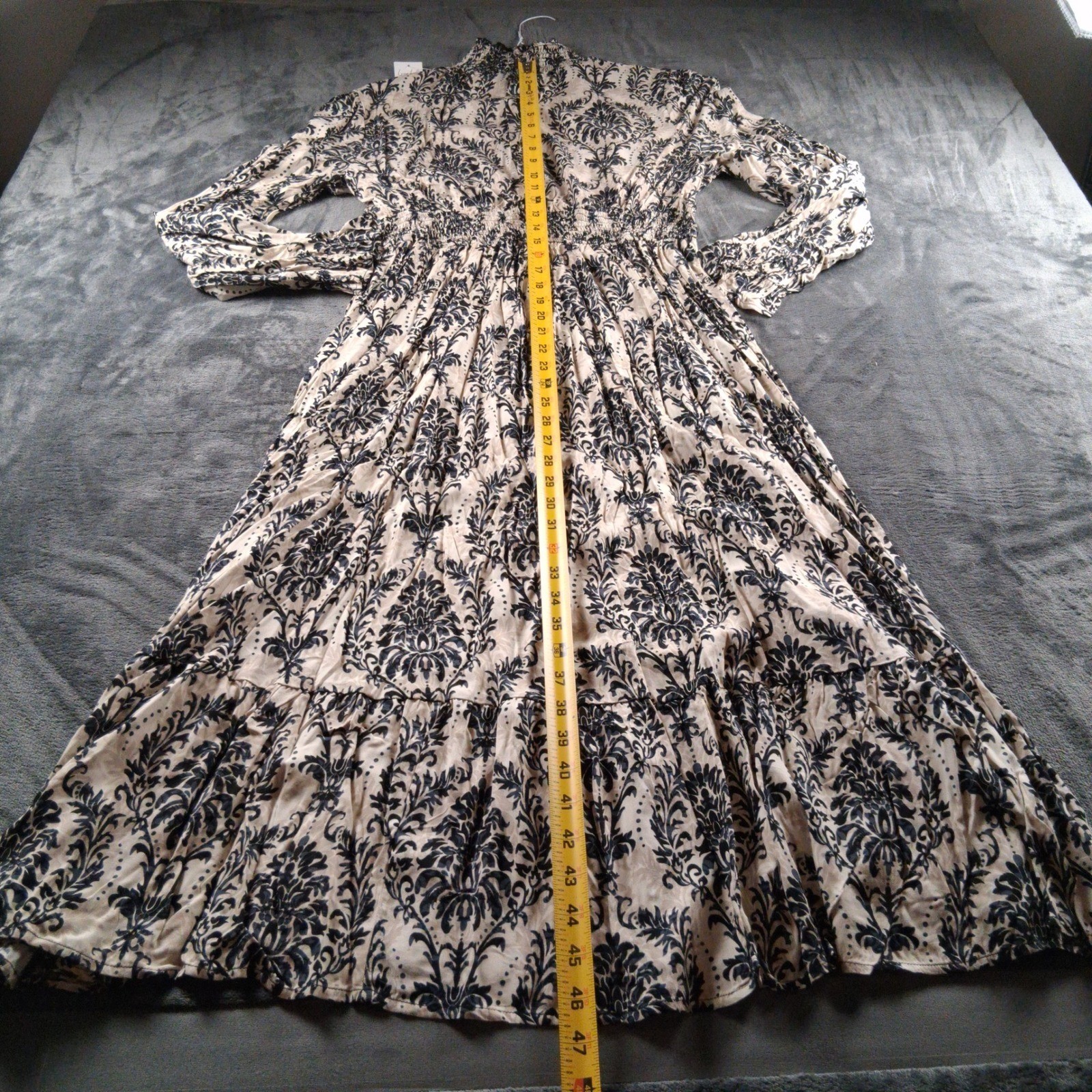 NWT Cupshe Maxi Dress Cream Black Damask Smocked High Neck Tiered DAA05A4H001AC