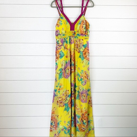 SOFT SURROUNDINGS Yellow Floral Maxi Strap Dress Sleeveless Smocked Lined XS
