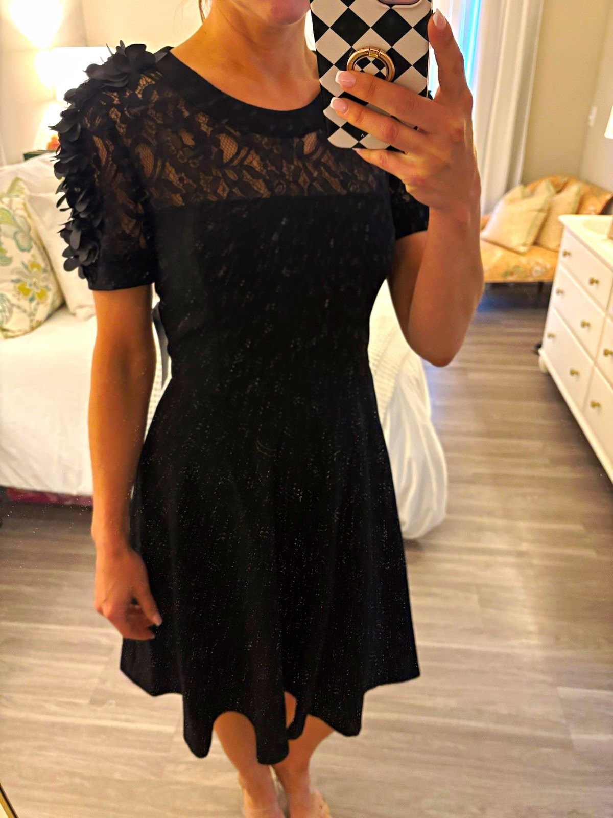 SHANI Black Lace Yoke 3D Floral Shoulder A-Line Knee Dress SS 8 S-2201