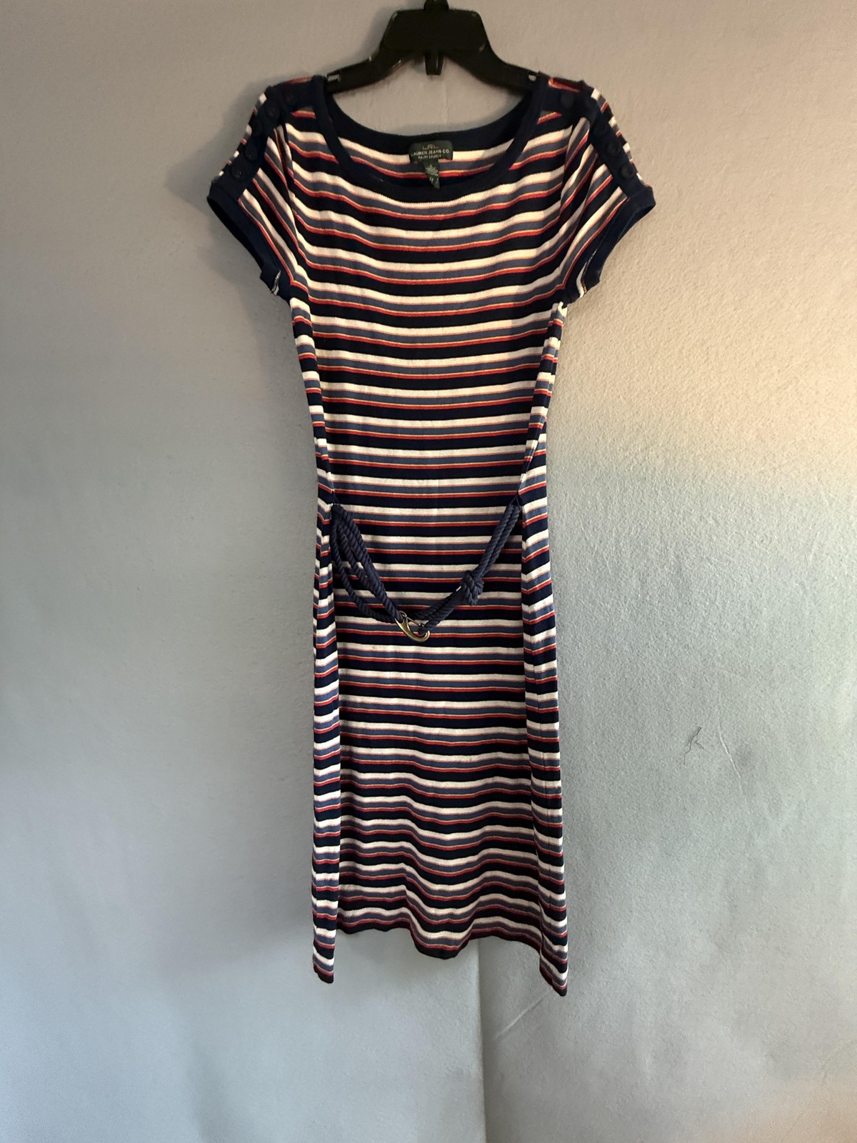 Lauren Jeans Co Dress Womens S Blue Stripe Nautical Rope Belt T Shirt Midi
